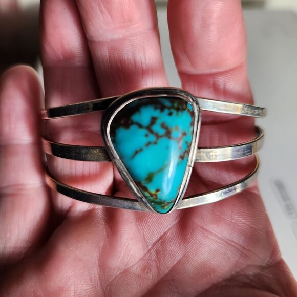 Navajo Old Pawn Sterling Silver Cuff Bracelet With Turquoise Stone - Picture 2 of 4